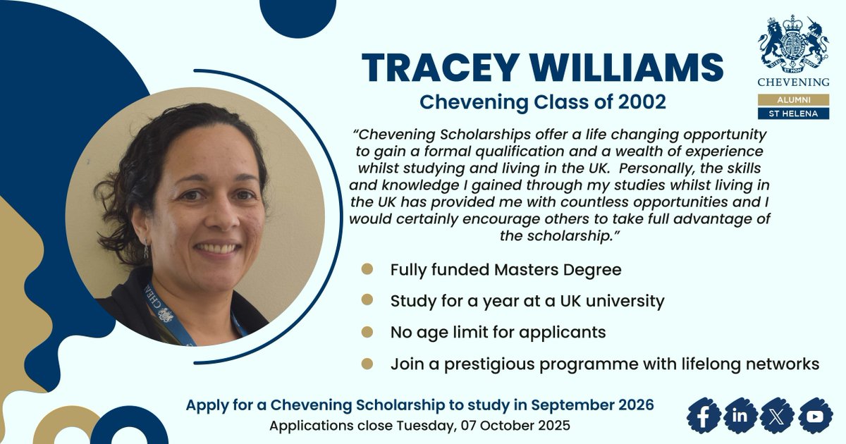 Cheveningsthl's tweet photo. Are you ready for your life changing opportunity? Some words of wisdom from our very own Alumni, Tracey. Applications for Chevening's fully funded Master's Scholarships are open! @GO_ASHT #IAmChevening #MyCheveningJourney #MyFriendsACheveningScholar https://t.co/bYbGcKSwEy https://t.co/ldWzmYbPtT