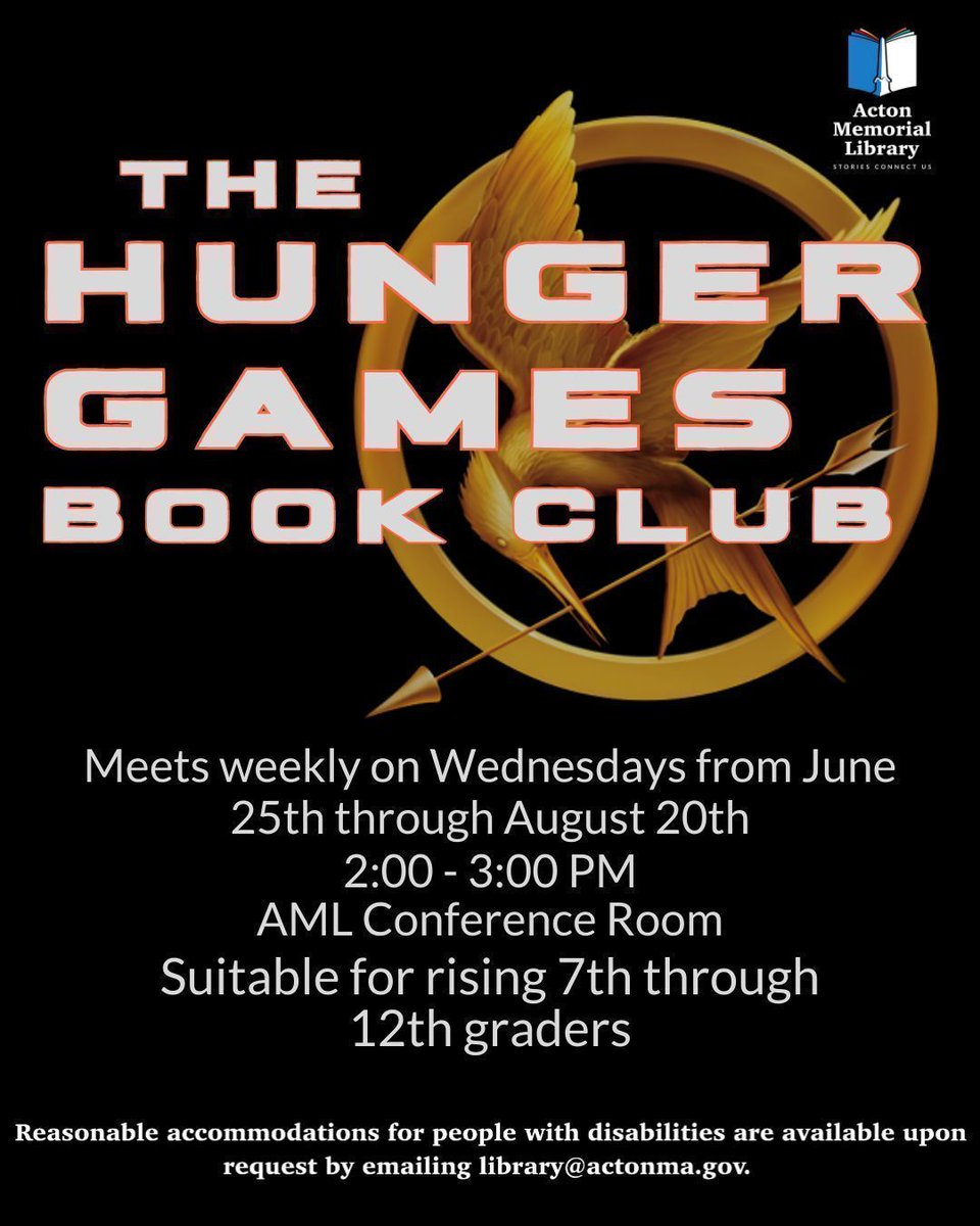 On Aug 20th, join Teen Librarian, Chris, for a deep dive into the end of the Hunger Games! We'll read the final chapters and discuss. First time readers or long time fans are welcome! No reading required before session. See bio for accessibility info. #AML #ActonMA #LibraryEvents