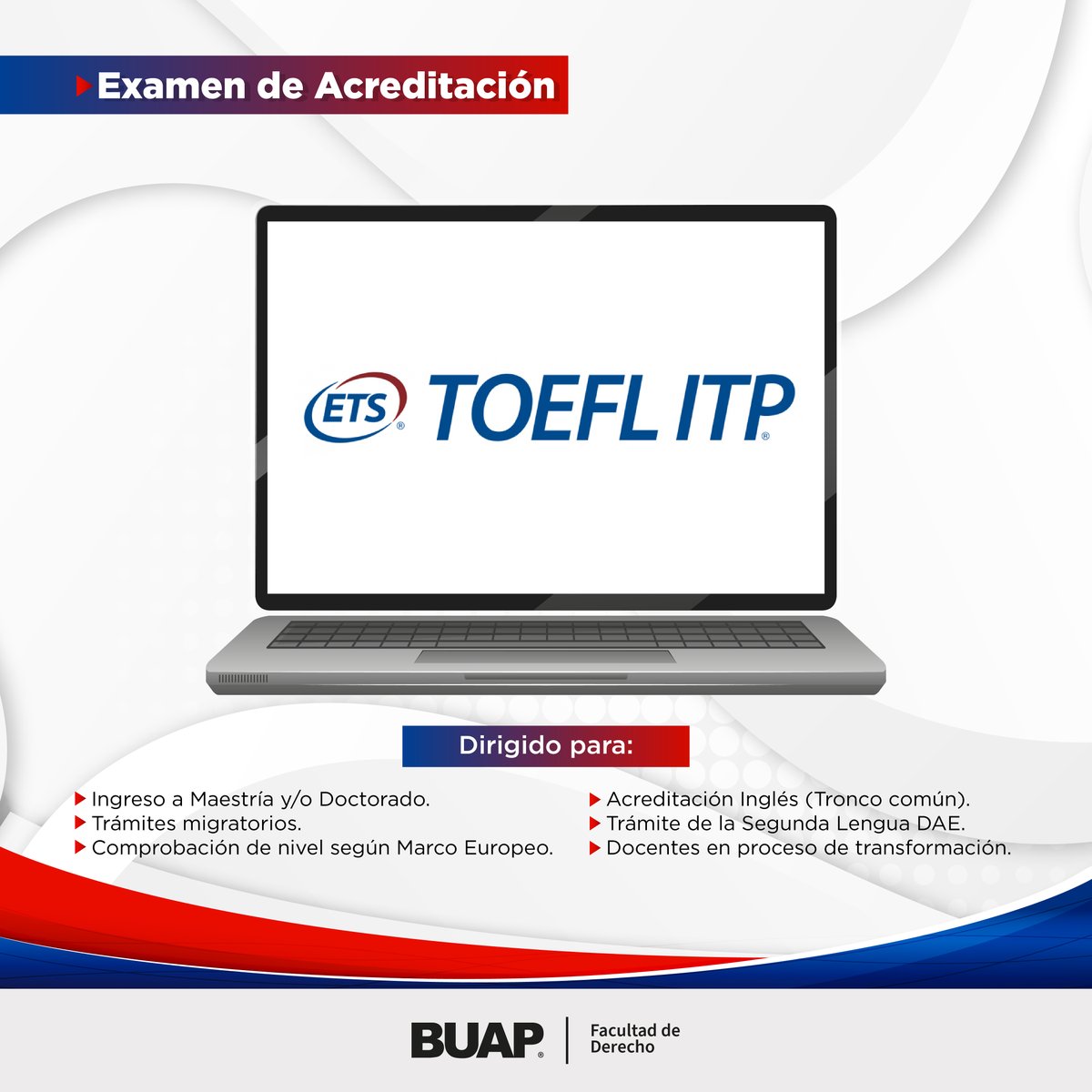 BUAPoficial's tweet photo. Examen de Acreditación TOEFL ITP Presencial-Digital. 

Dirigido a: 
✔️Estudiantes interesados en acreditar segunda lengua (inglés) o que deseen ingresar a un programa de posgrado. 
✔️Académicos que requieran comprobar su nivel de inglés, y  
✔️Personas que participarán en intercambios académicos nacionales o internacionales. 

Consulta la convocatoria aquí:  https://t.co/AVk0bZFXyS