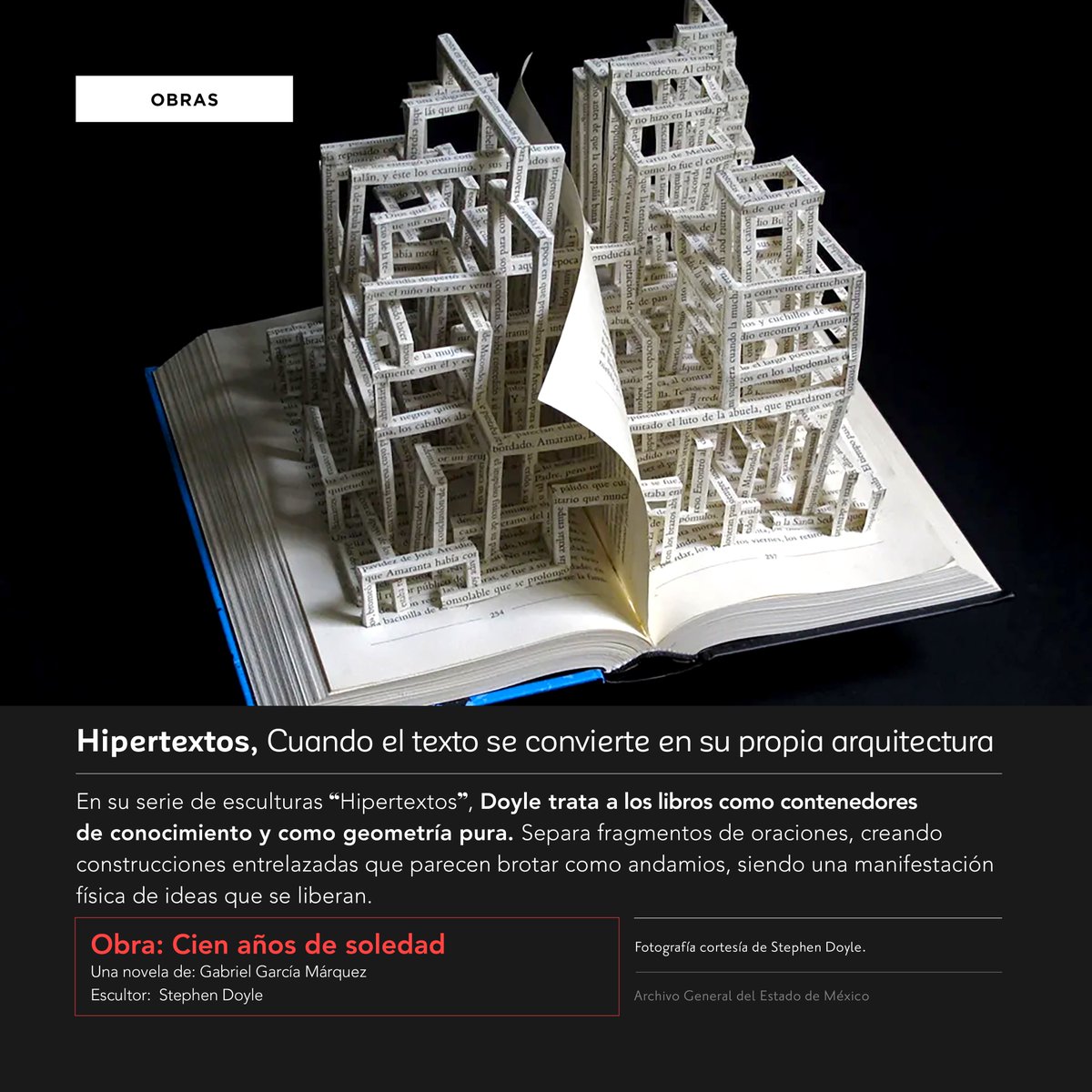 agem_mex's tweet photo. Las esculturas de libros del diseñador #StephenDoyle transforman #libros en cautivadores poemas visuales. Su serie, conocida como #Hipertextos, reconfigura el lenguaje impreso en forma escultórica, convirtiendo el contenido en significado y objeto.
#Obras
#AGEMÉX
#MásQueUnArchivo https://t.co/oAnfdseEUY
