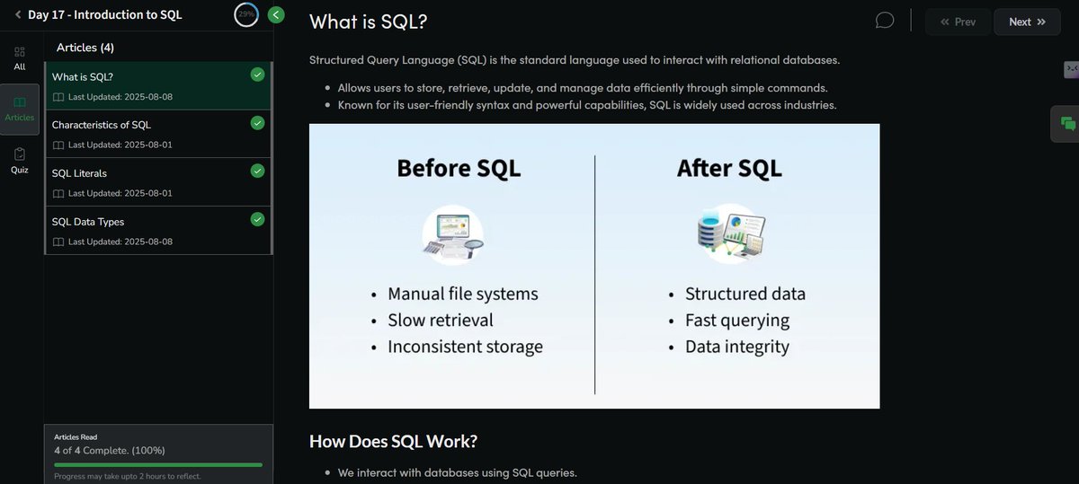 Jaspreetdogra's tweet image. Day 17 of #NationSkillUp with @geeksforgeeks 💻
Today’s topic: Introduction to SQL 🗄️
🔹 What is SQL?
🔹 Characteristics of SQL
🔹 SQL Literals
🔹 SQL Data Types
#SkillUpWithGFG #CSFundamentals #SQL
geeksforgeeks.org/batch/skill-up…