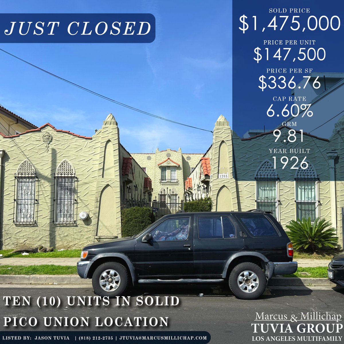 Selling apartment buildings without parking in 2025 Los Angeles is no easy feat — but we got it done.

 Despite the challenge, we sold 1205 S Mariposa for $147,500 per unit (mainly studios), generated multiple offers, and closed at 98% of list price. Buyer was in a 1031.