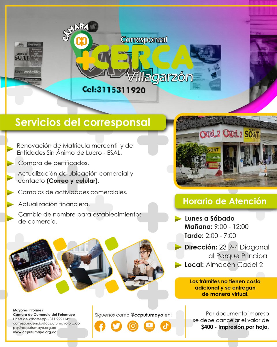 Cámara de Comercio del Putumayo (@ccputumayo) on Twitter photo 🤩Con nuestro corresponsal #CámaraMásCerca en el almacén CADEL 2 Diagonal al parque principal de #Villagarzón📍  puedes realizar tus trámites de Cámara de Comercio del Putumayo sin ningún costo adicional 💫.
📱👩💻Si deseas conocer más ingresa aquí:  linktr.ee/CCPutumayo 🤩Con nuestro corresponsal #CámaraMásCerca en el almacén CADEL 2 Diagonal al parque principal de #Villagarzón📍  puedes realizar tus trámites de Cámara de Comercio del Putumayo sin ningún costo adicional 💫.
📱👩💻Si deseas conocer más ingresa aquí:  linktr.ee/CCPutumayo