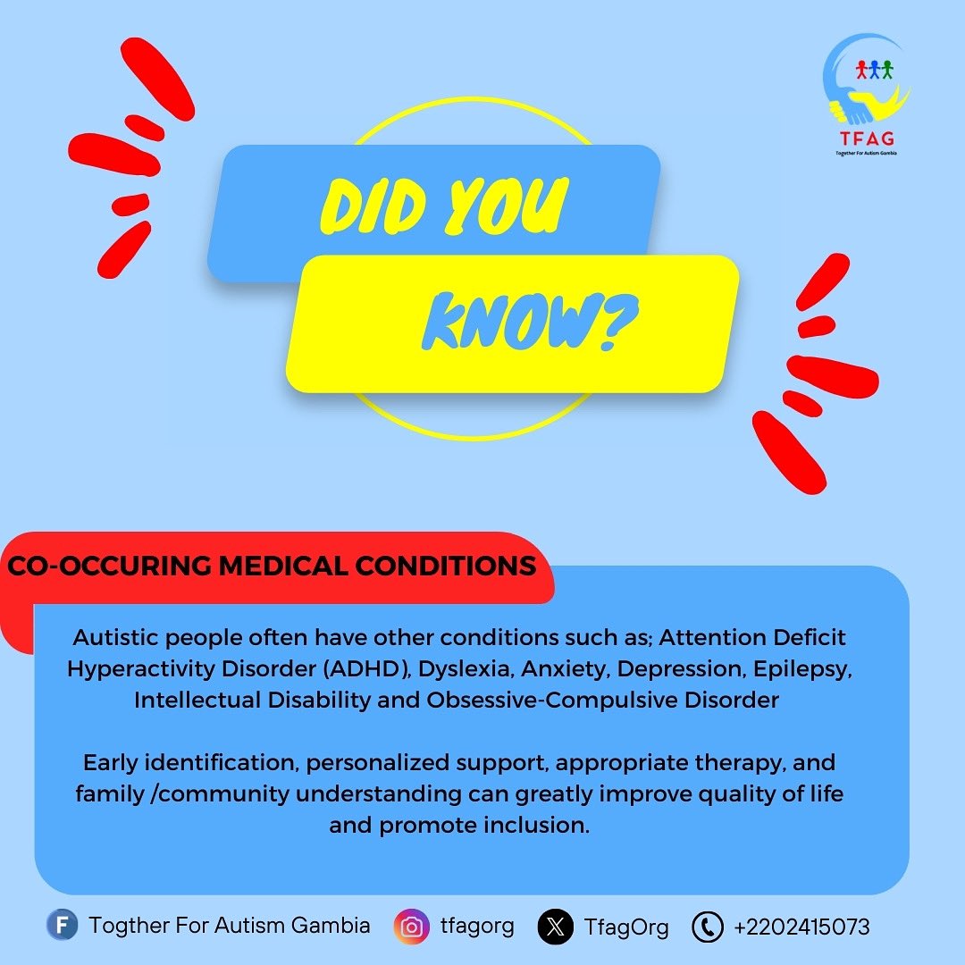 TfagOrg's tweet photo. Did you know?

Autistic people often have other conditions such as; Attention Deficit Hyperactivity Disorder (ADHD), Dyslexia, Anxiety, Depression, Epilepsy, Intellectual Disability, Obsessive-Compulsive Disorder.

Together, we improve the quality of life and promote inclusion! https://t.co/O9HIlVvlGk