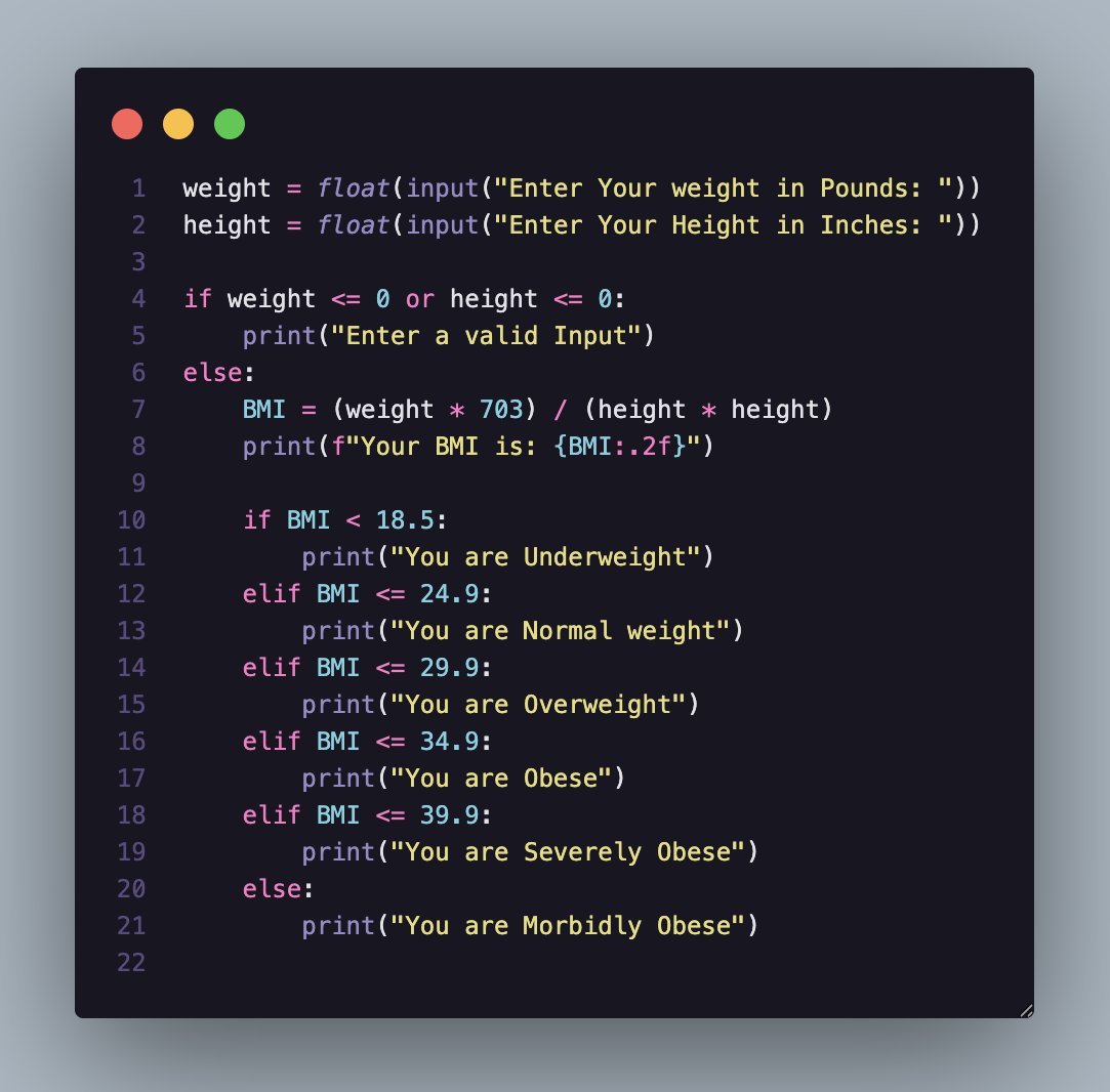 _adityachauhan3's tweet photo. #Day9 of Python Learning 💻
Built a BMI Calculator with input validation, formatted output, and health category classification.
A practical way to apply conditional statements and basic math in Python. 🔢
#Python #100DaysOfCode #LearnToCode #CodeNewbie https://t.co/WlbAOKlU6F