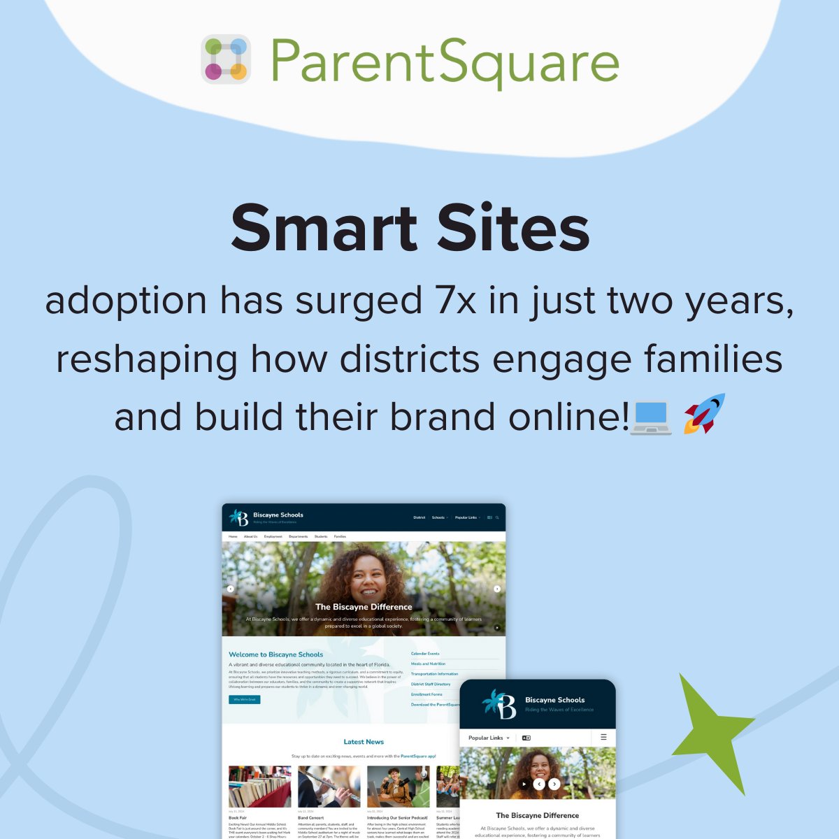 ParentSquare's tweet photo. Our Smart Sites adoption has grown 7x in 2 years! Schools are transforming their online presence with ADA-compliant, fully integrated websites that connect families and staff effortlessly. Read the full press release: https://t.co/iP4WhPq3b4
#EdTech #FamilyEngagement #K12 https://t.co/T7NOziZ5pZ