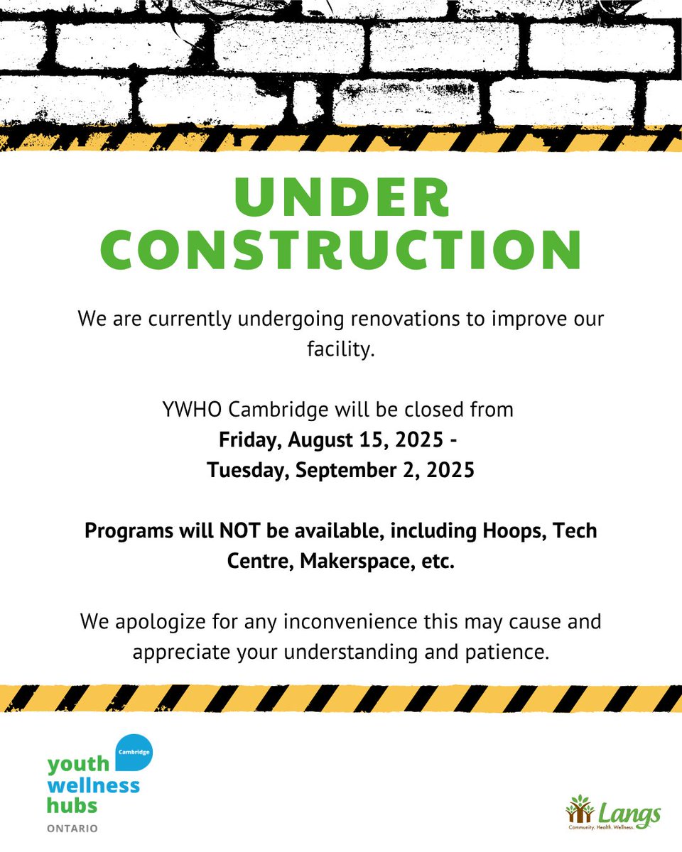 Langs (@langscommunity) on Twitter photo Please note all YWHO Cambridge programs (including Hoops, Tech Centre, Makerspace, etc) and spaces will be closed from Friday, August 15 - Tuesday, September 2, 2025. If you have any questions, please email derekw@langs.org. Please note all YWHO Cambridge programs (including Hoops, Tech Centre, Makerspace, etc) and spaces will be closed from Friday, August 15 - Tuesday, September 2, 2025. If you have any questions, please email derekw@langs.org.