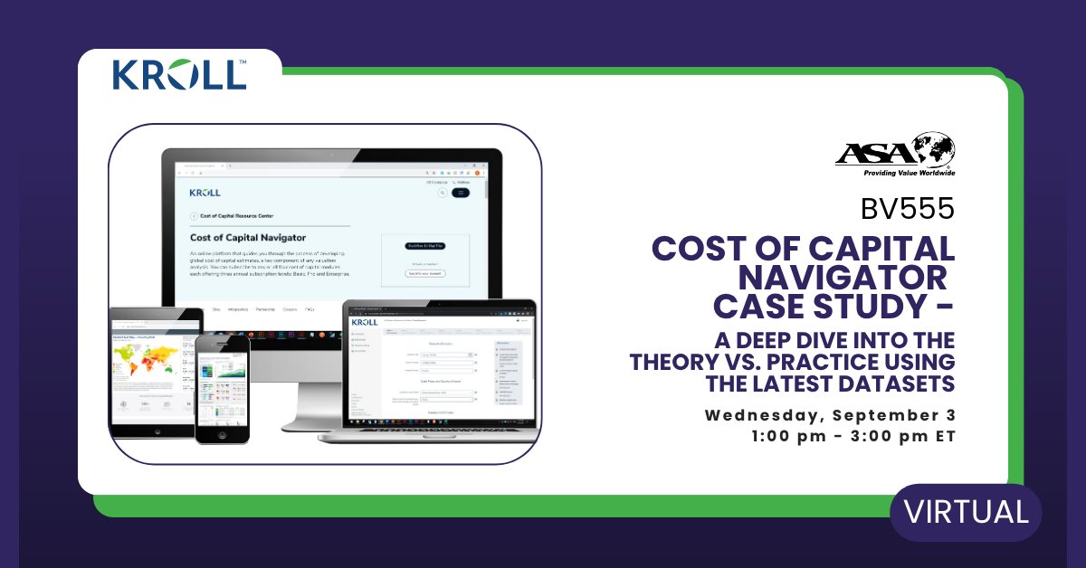 This isn't theory—it's practice. Learn from Kroll how experienced appraisers apply cost of capital data using real case examples. BV555 is for those ready to go deeper. Sept 3. bit.ly/4kQRQXg #ASAAppraisers #ASABV