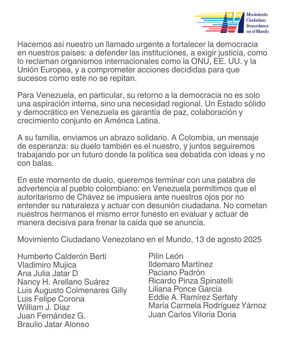Hoy estamos junto a millones de hermanos colombianos, con Don Miguel, con María Claudia, con sus hijos. Nos duele en el alma la desaparición física de Miguel Uribe Turbay, su legado queda entre nosotros: Unión, Paz y Esperanza. Que en paz descanse🙏.   #MiguelUribeTurbay #QEPD