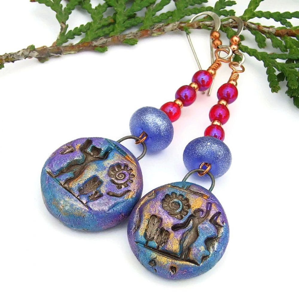 Fun Lightweight Polymer Clay #Hieroglyphs #Earrings w/ Red Czech Beads!   via <a href="/ShadowDogDesign/">Catherine</a> #ShopSmall #Handmade #HieroglyphEarrings      bit.ly/HieroglyphsSD