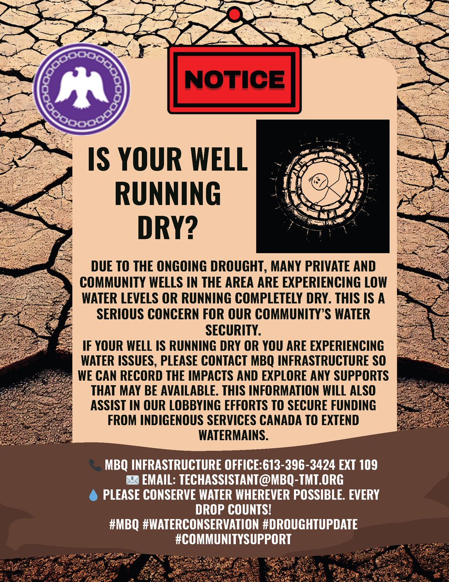 If your well is running dry or you are experiencing water issues, please contact the Mohawks of the Bay of Quinte Infrastructure Department so we can record the impacts and explore any supports that may be available.
Please reach out to 613-396-3424 or techassistant@mbq-tmt.org.