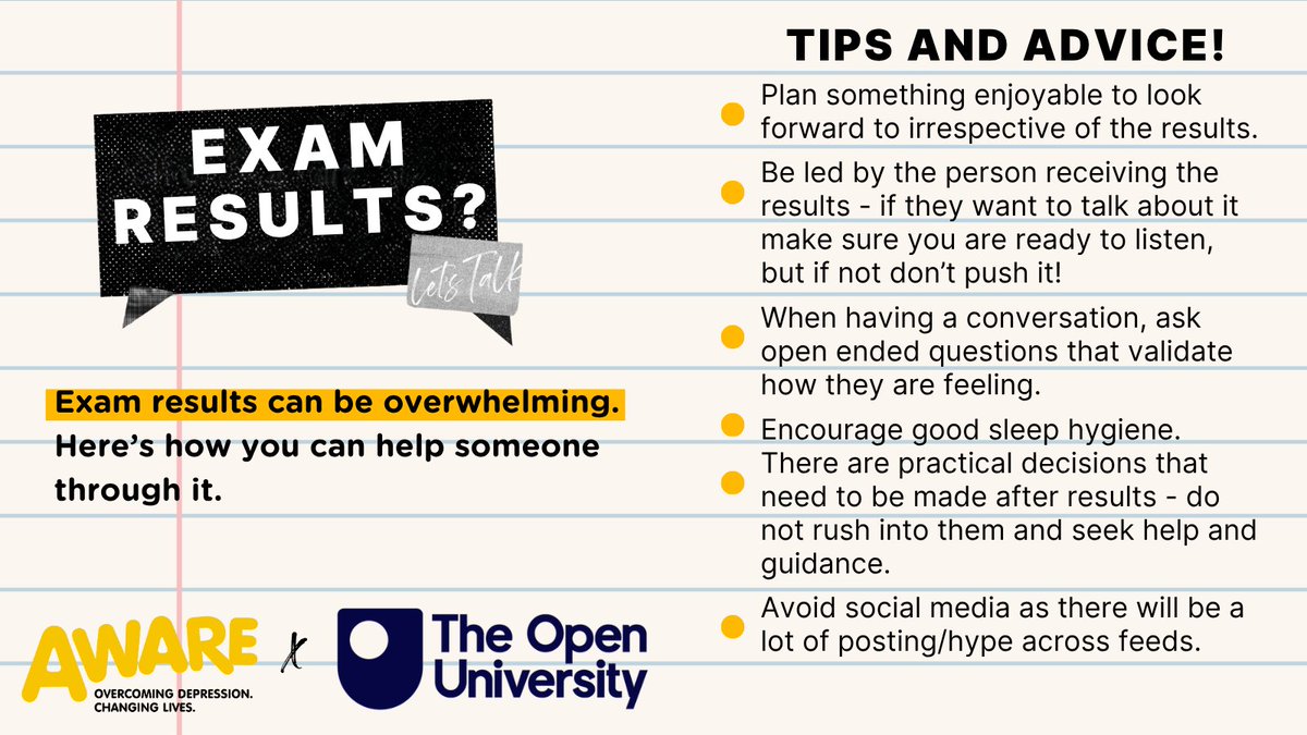AWARE (@awareni) on Twitter photo Not sure what to say on results day?
It’s OK - you don’t need to have the perfect words. You just need to be present.
📘 We’ve put together a few tips with <a href="/OUBelfast/">The OU in Northern Ireland</a> to help you support someone through the highs, lows (or in-betweens) of getting their exam results. Not sure what to say on results day?
It’s OK - you don’t need to have the perfect words. You just need to be present.
📘 We’ve put together a few tips with <a href="/OUBelfast/">The OU in Northern Ireland</a> to help you support someone through the highs, lows (or in-betweens) of getting their exam results.