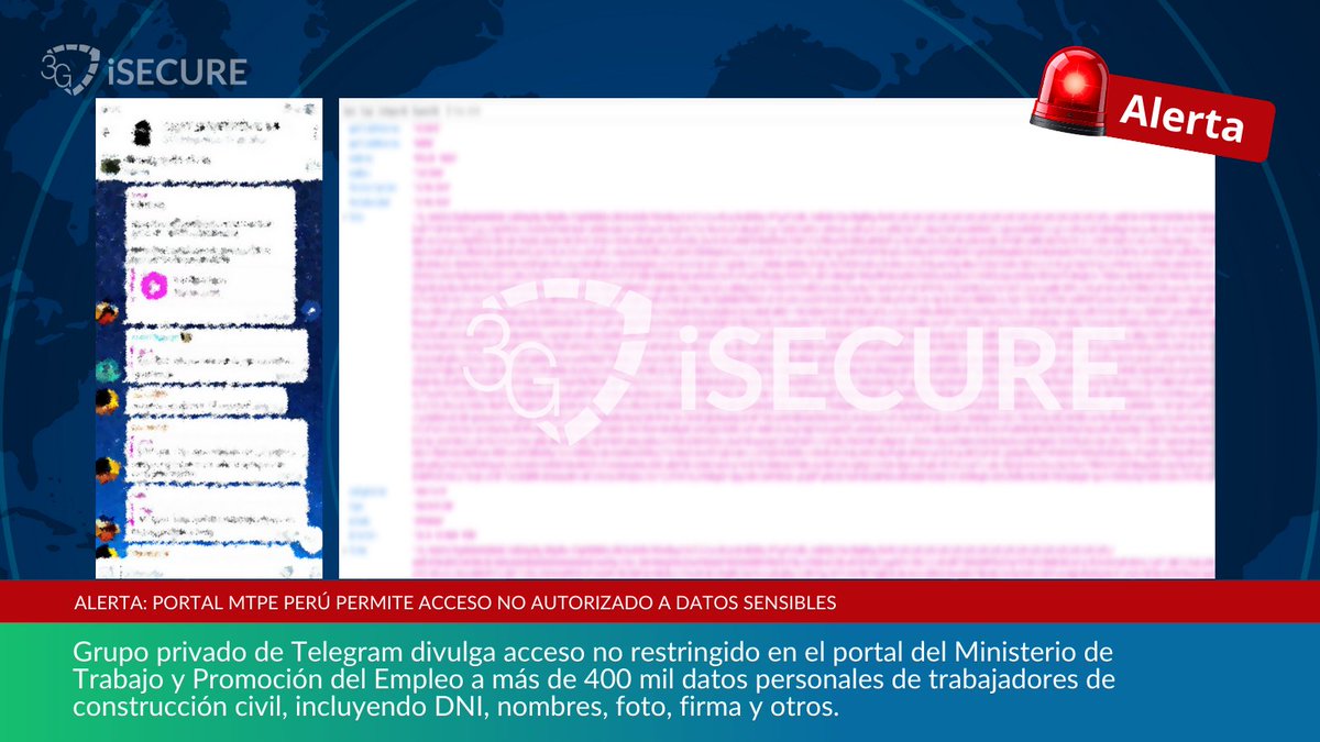 3Isecure's tweet photo. 🚨 #AlertaCiberseguridad 🚨
Un grupo privado en Telegram divulgó acceso no restringido en el portal del MTPE Perú, exponiendo +400,000 datos personales de trabajadores de construcción civil: DNI, nombres, fotos, firmas y más
#Ciberseguridad #Perú #DataBreach #3gisecure @MTPE_Peru https://t.co/eav0tlxpDl