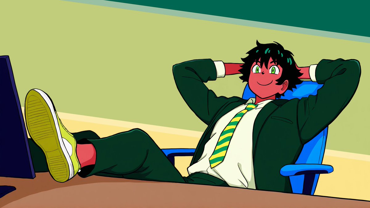 Ruby Corporationで楽に稼ぐことを象徴する、オフィスデスクでくつろぐ漫画風のキャラクター