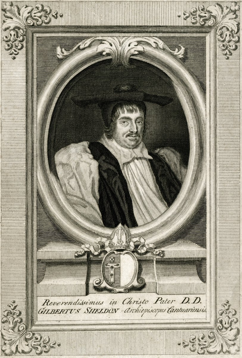 TerenceKerr5's tweet photo. #Oxford #Sheldonian

Gilbert Sheldon (1598-1677), Royalist during English Civil Wars who collected funds for exiled King Charles II. After restoration of monarchy in 1660, Sheldon was consecrated Archbishop of Canterbury in 1663 and became Chancellor of Oxford University in 1667. Sheldonian theatre in Oxford was built and endowed at Sheldon's expense. Engraving created in 1700s by George Vertue (1683-1756), after portrait by Sir Peter Lely (1618-1680).