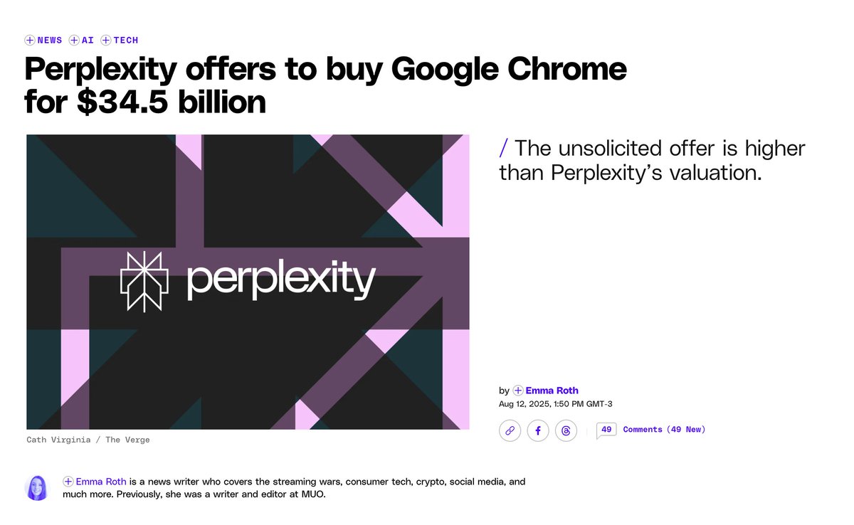 Perplexity le ofreció a Google 34.500 millones de dólares para comprar el  navegador Chrome. Se compromete a mantenerlo estable y trabajar en el  proyecto open source por al menos dos años.