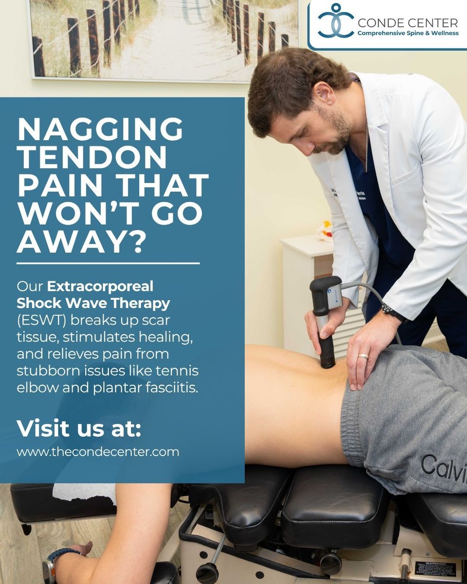 thecondecenter's tweet image. Extracorporeal Shock Wave Therapy (ESWT) targets chronic pain at the source—stimulating circulation, breaking down scar tissue, and accelerating your body’s natural healing process. 

#ShockWaveTherapy #CondeCenter #PainReliefThatWorks #ChronicPainSolutions #ESWT