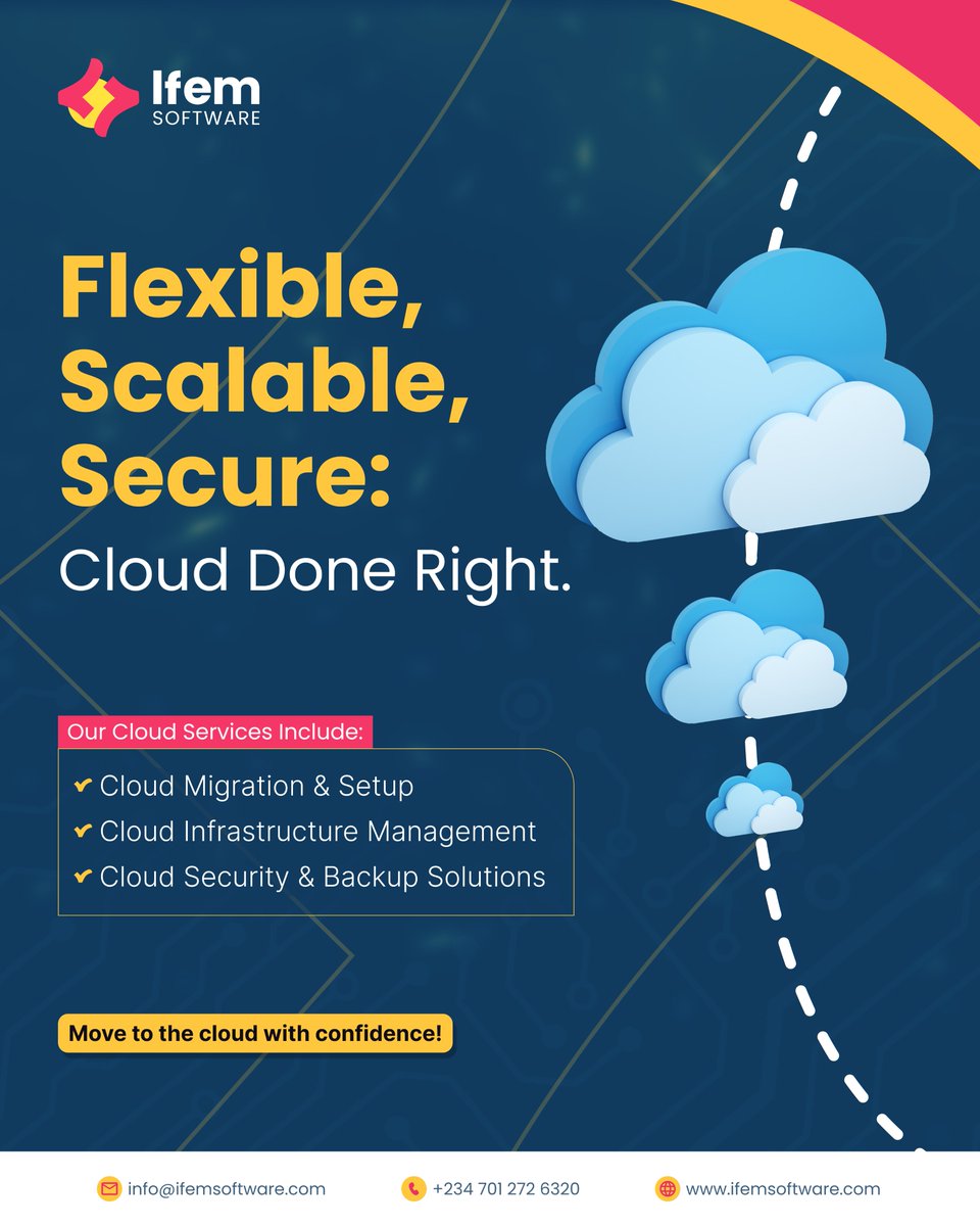 ifemsoftware's tweet photo. 🚀 Flexible. Scalable. Secure.

☁️ Cloud Done Right – with Ifem Software!

✅ Migration &amp; Setup
✅ Infrastructure Management
✅ Security &amp; Backups

#CloudComputing #TechSolutions #IfemSoftware https://t.co/G6mIM4wFZO