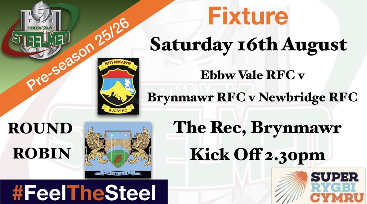 Ebbw Vale Rugby (@evrfc) on Twitter photo On Saturday, the Steelmen will play their first preseason games against Brynmawr RFC and Newbridge RFC at the Rec, Brynmawr.
#RugbyIsBack #FeelTheSteel
From 12pm tomorrow we will be announcing a number of new signings 👀
<a href="/AllWalesSport/">All Wales Sport</a> <a href="/SuperRygbiCymru/">Super Rygbi Cymru</a> <a href="/TheSRCPodcast/">The SRC Podcast</a> On Saturday, the Steelmen will play their first preseason games against Brynmawr RFC and Newbridge RFC at the Rec, Brynmawr.
#RugbyIsBack #FeelTheSteel
From 12pm tomorrow we will be announcing a number of new signings 👀
<a href="/AllWalesSport/">All Wales Sport</a> <a href="/SuperRygbiCymru/">Super Rygbi Cymru</a> <a href="/TheSRCPodcast/">The SRC Podcast</a>