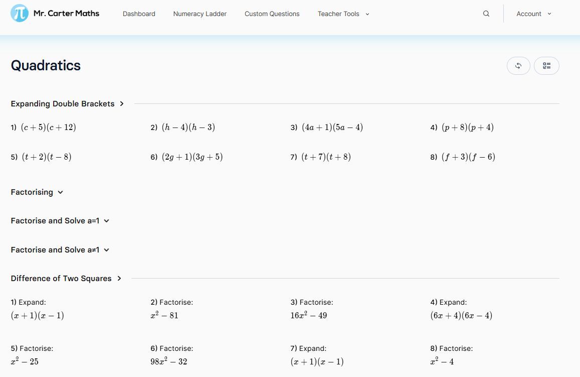 Have you used our All in Ones at mrcartermaths.com yet?

Simple idea, we take a topic and break it down into all of its parts. 

From the basics to the exam questions and everything in-between.

 Here's our quadratics All in One.