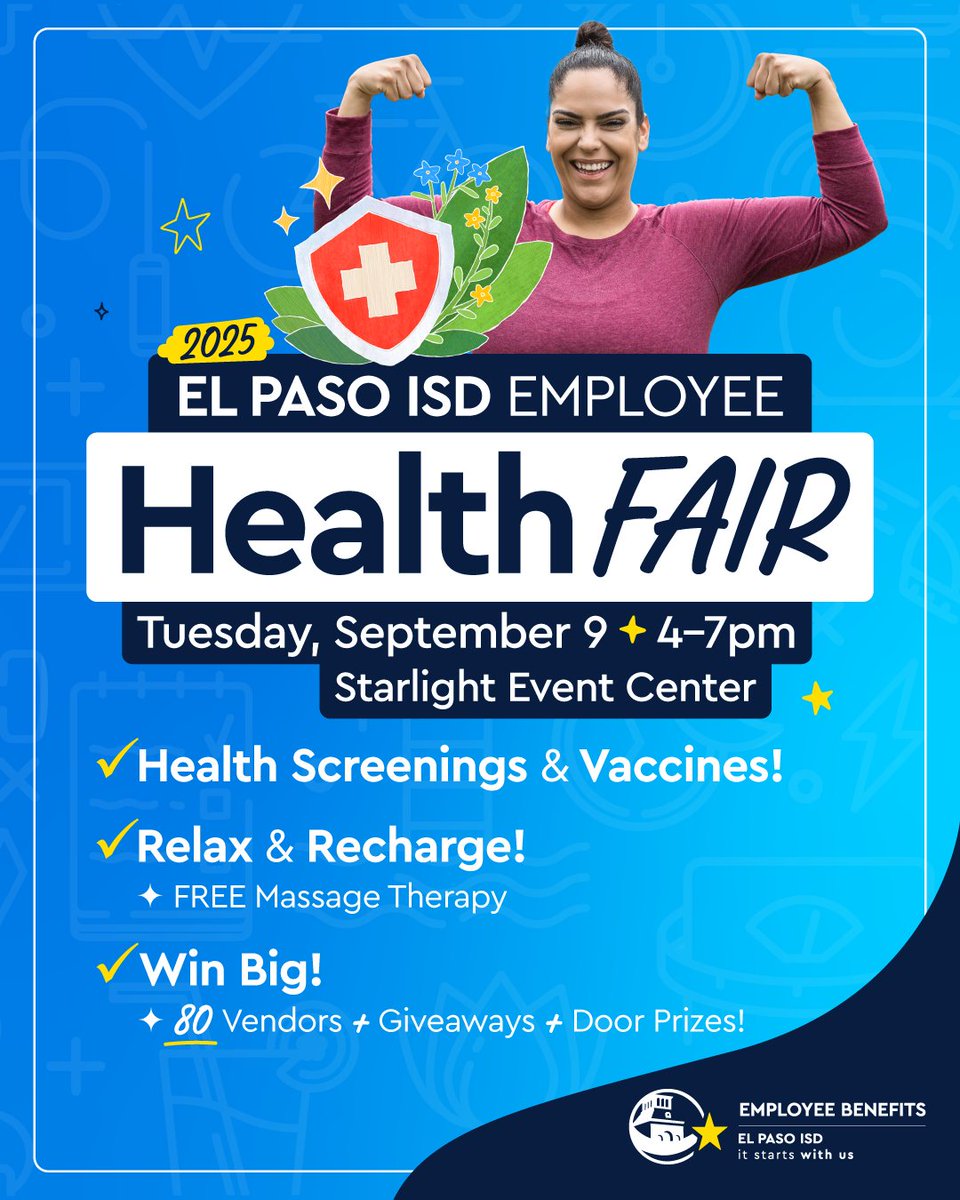 🌟 Save the date! 🌟The Benefits department invites you to the 2025 Employee Health Fair! ❤️‍🩹

Stop by for health screenings, vaccines, massage therapy, and over 80 vendors and giveaways!
 
🗓️ Tuesday, Sept. 9 | 4-7pm
🏢 Starlight Event Center, Rio Grande Summit Room