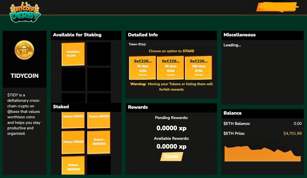 TidyOnChain's tweet image. 🚨 $TIDY STAKING IS LIVE 🚨

Earn passive Jungl XP rewards:

🚀 Secure your $JUNGL airdrop
🗡️ Buy our in-game items and boosters
🎲 Bet, play and win in Jungl’s world
🛠️ Create AI-powered games

Soft stake now at staking.bitcoinderby.live/staking

Powered by @JunglCorp and @BitcoinDerby