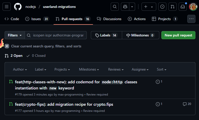 Saw a post on linkedin that <a href="/nodejs/">Node.js</a> codemod repo needed contributors — quickly went into it and fixed 2 issues.

Delved into "codemod" for the first time and man this was so fun