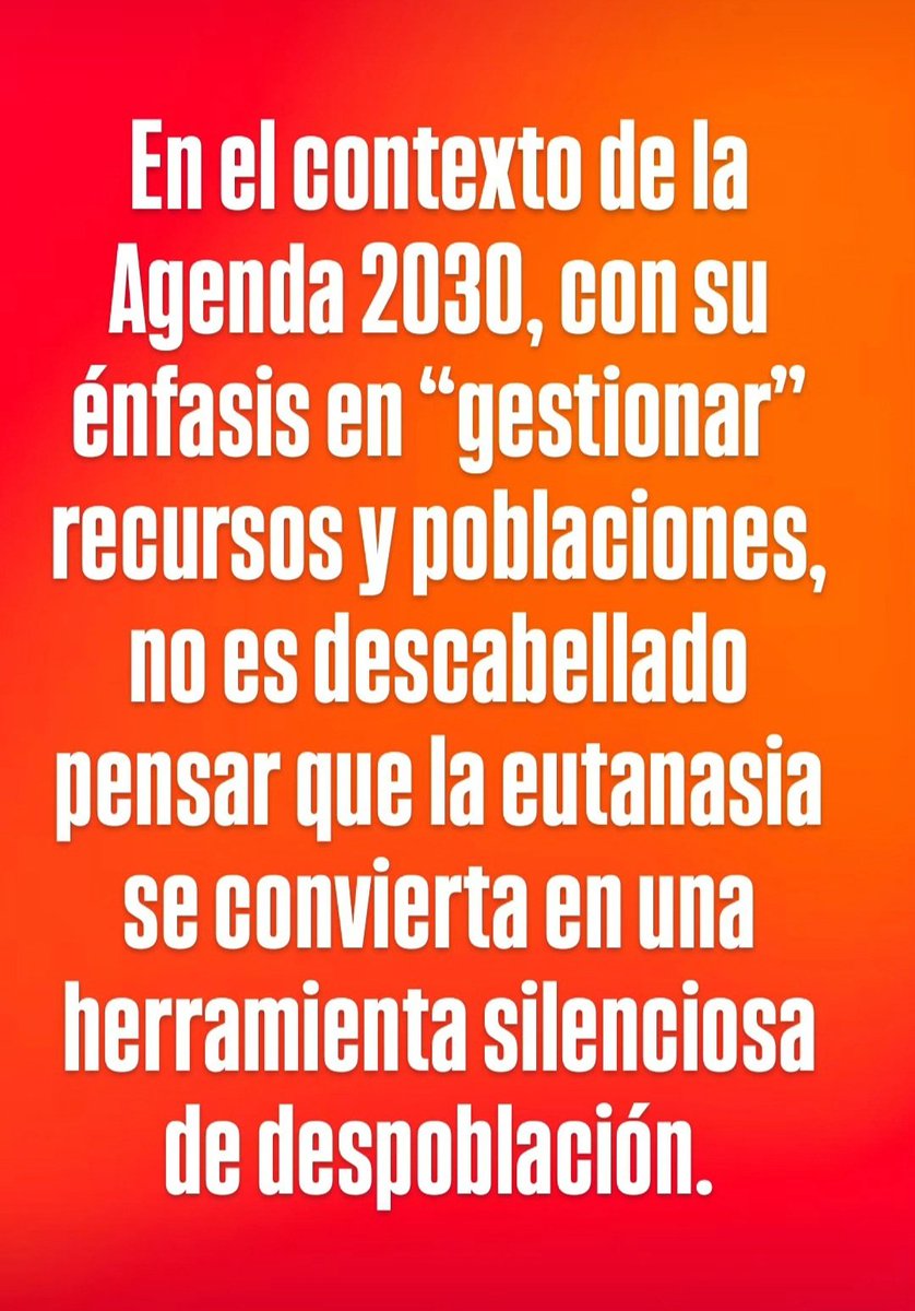 evelynsutelis's tweet photo. La ley de eutanasia se presenta como un acto de “libertad individual” y “muerte digna”, pero pocas veces se habla de lo que hay detrás: un cambio cultural profundo que normaliza el descarte humano con barniz legal. La Agenda 2030 lo llama ‘progreso’. https://t.co/pE6wdFsWVZ