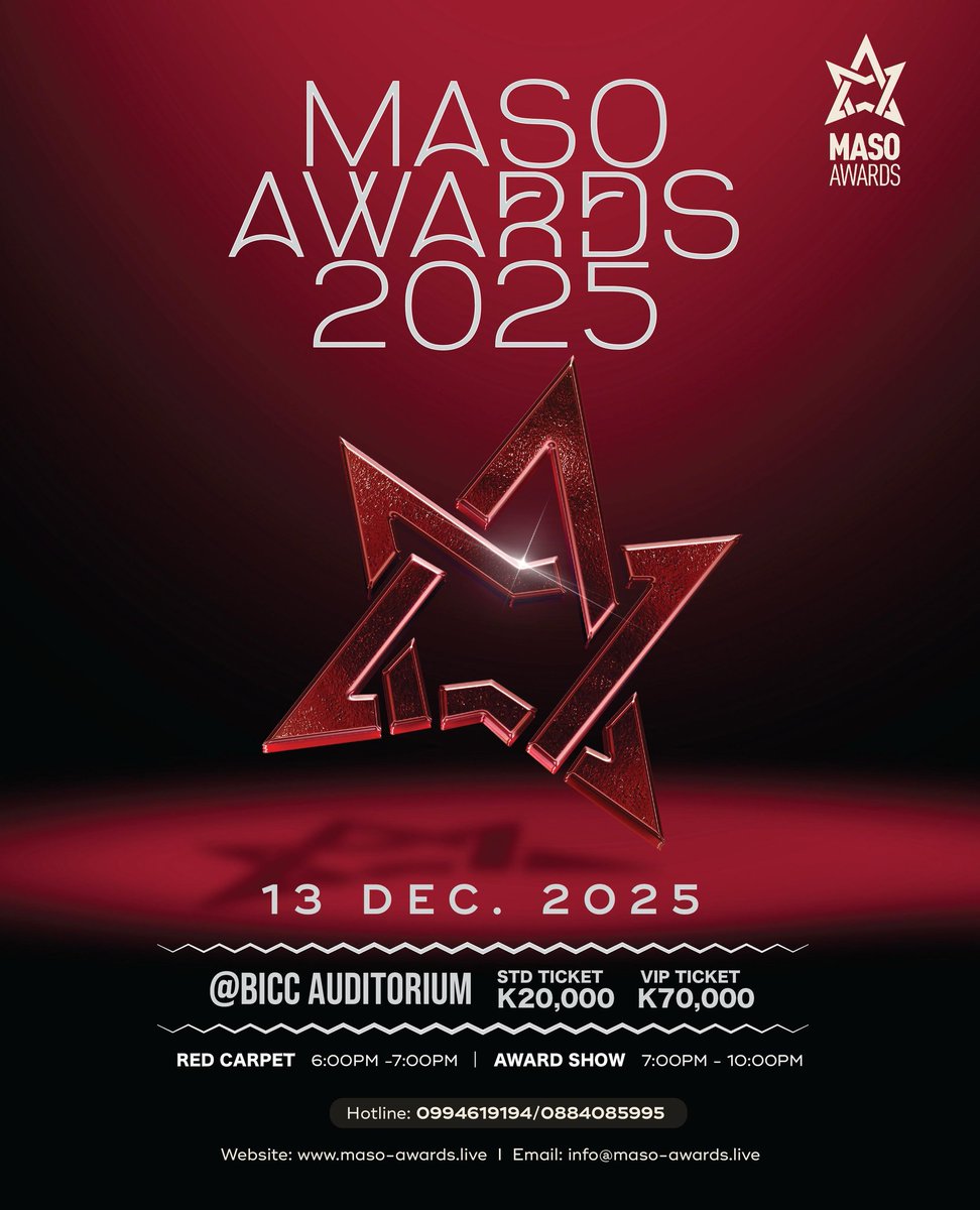 Maso Awards have announced that this year’s event will take place on 13 December 2025 at the BICC Auditorium.
The red carpet will open at 6PM, followed by the main award show from 7PM to 10PM.

Tickets are now available:
Standard: K20,000 VIP: K70,000