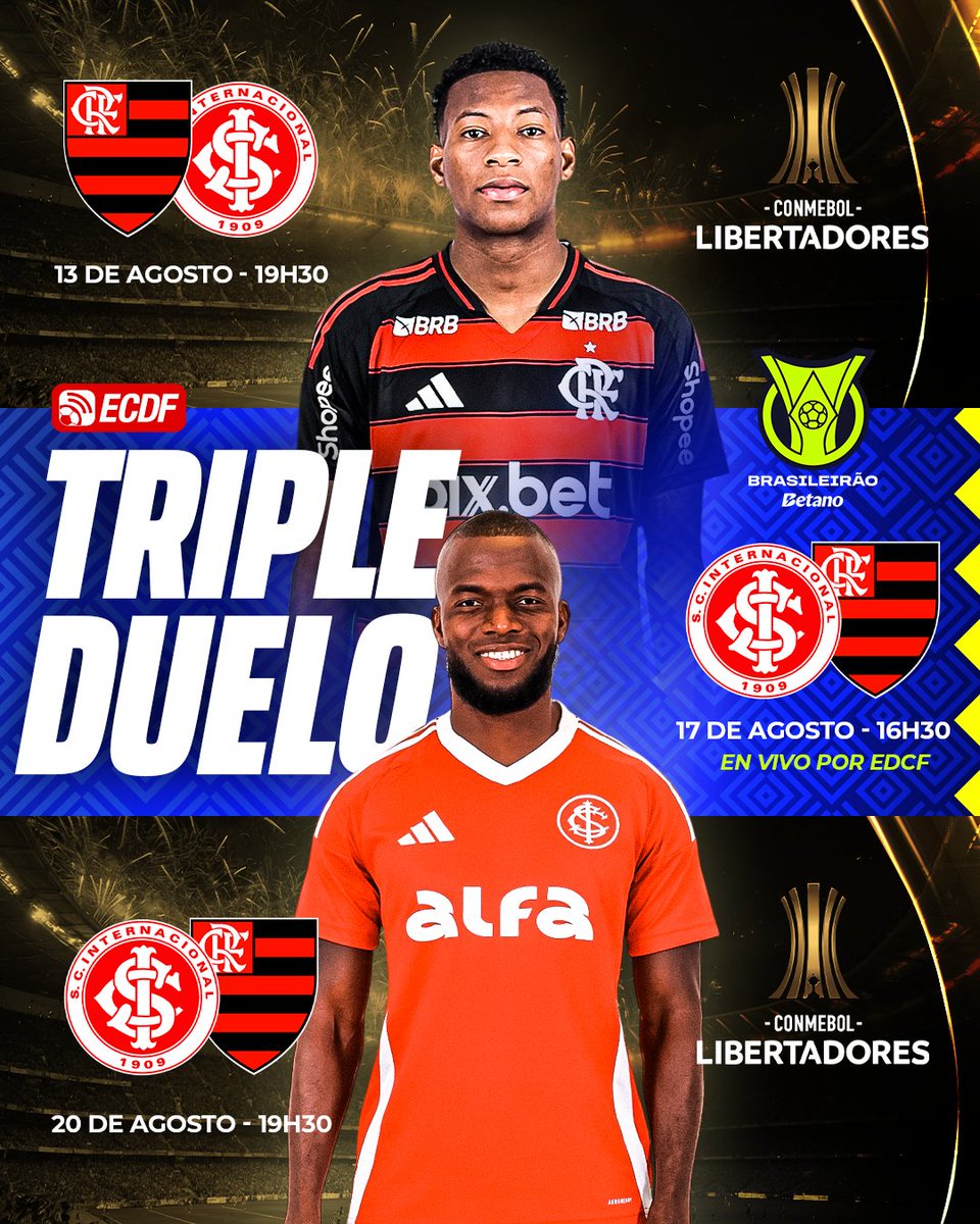 🔥⚽️ ¡ESTE MES SE ENFRENTAN Y EL PRÓXIMO SE JUNTAN EN LA TRI! 🇪🇨🤩

Flamengo de Gonzalo Plata se enfrentará 3 veces, de forma consecutiva, al Internacional de Enner Valencia por la Copa Libertadores (partido de ida y vuelta) y el #BrasileiraoxECDF.
