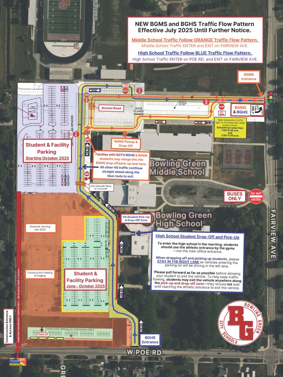 Bowling Green Police Division (@bgpd_oh) on Twitter photo The <a href="/BGSchools/">BG Schools</a> welcome students next week, with construction on the new High School ongoing. 🏗️🐾
BGPD will be present to guide traffic. Directional signage is posted, and a temporary traffic light is installed at the Fairview Avenue exit.
Drive safely and follow the map. ⬇️ The <a href="/BGSchools/">BG Schools</a> welcome students next week, with construction on the new High School ongoing. 🏗️🐾
BGPD will be present to guide traffic. Directional signage is posted, and a temporary traffic light is installed at the Fairview Avenue exit.
Drive safely and follow the map. ⬇️