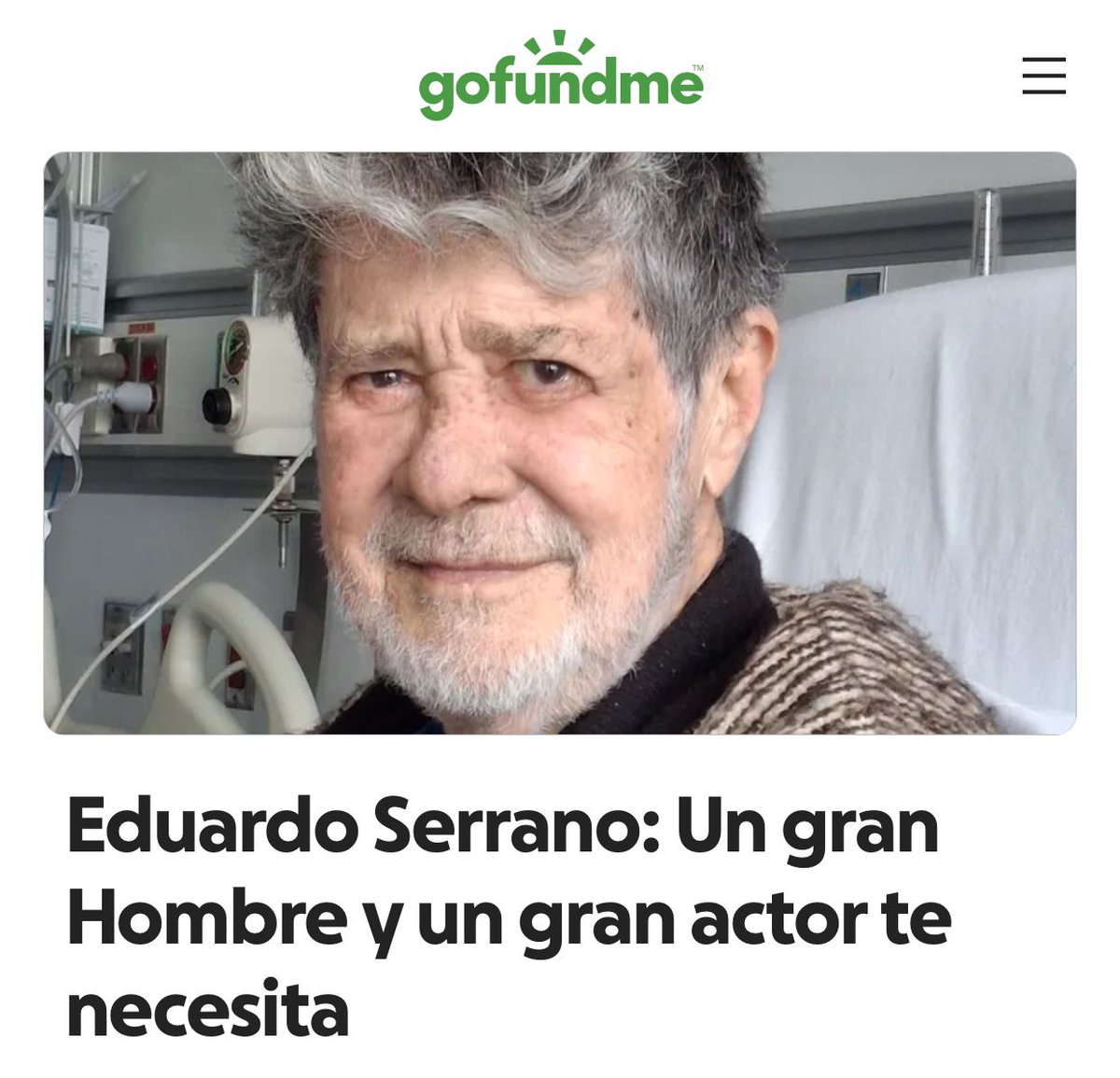 El reconocido primer actor venezolano Eduardo Serrano nos necesita. 

Apoyemos 🙏 gofund.me/1a417e8b
