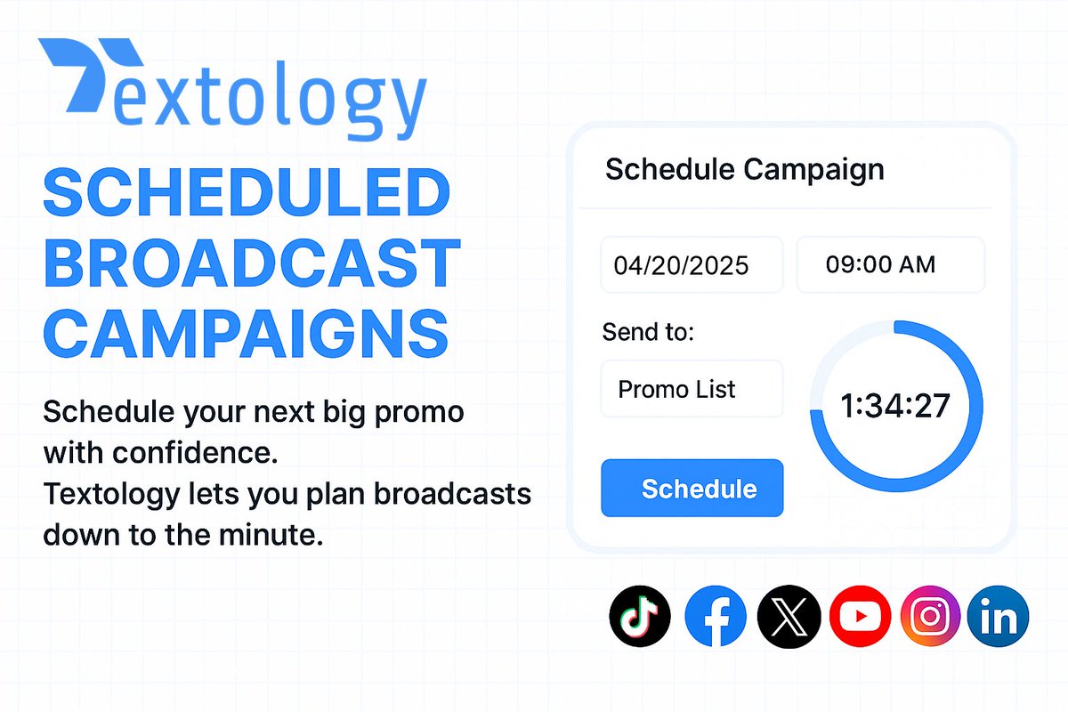 textologyhub's tweet image. Never miss your perfect promo window! 📅
With Textology’s Scheduled Broadcast Campaigns, plan your SMS blasts down to the minute — and watch your engagement rise. 🚀
#Textology #SMSMarketing #CampaignScheduler #BusinessGrowth