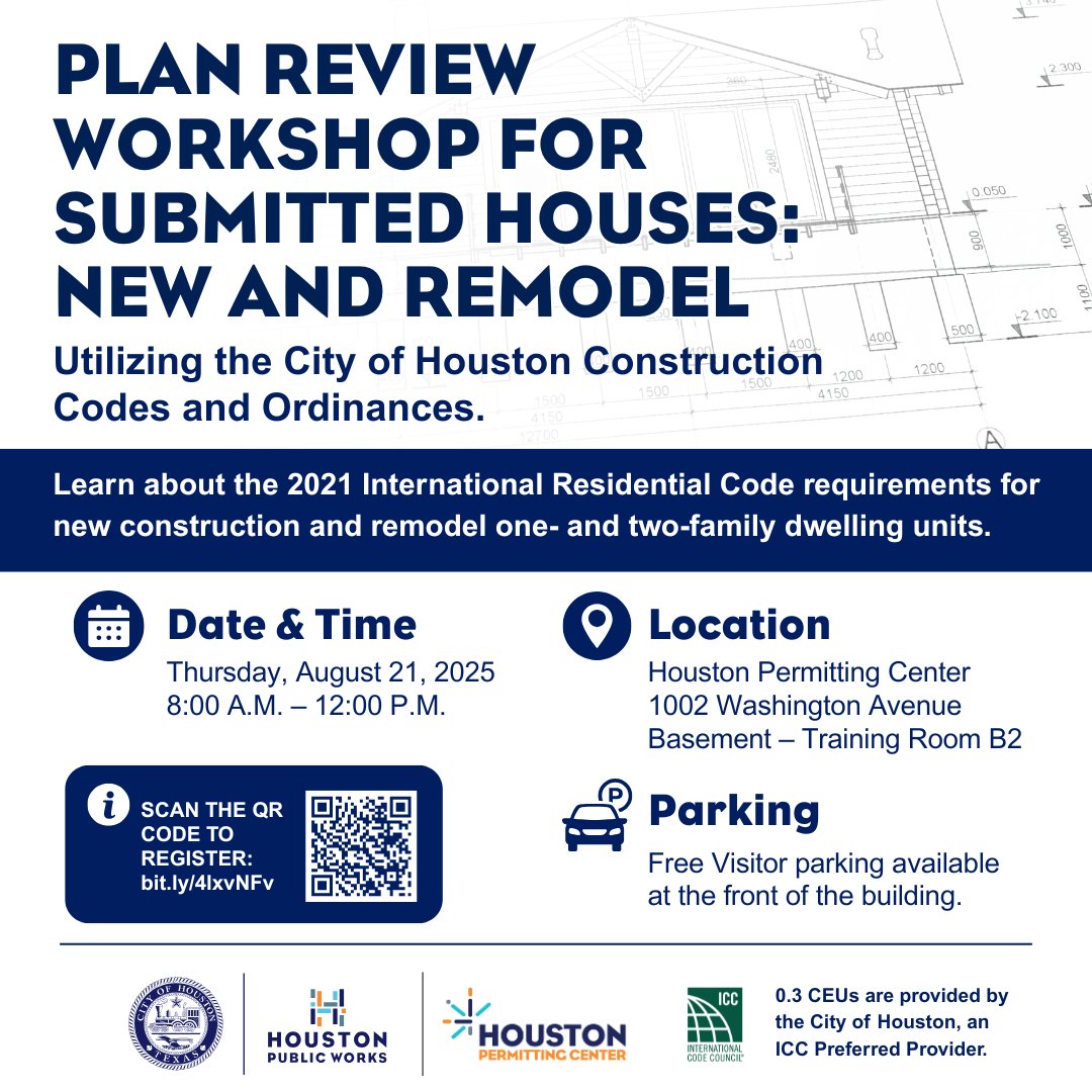 Houston Permit Cntr (@cohpermits) on Twitter photo Join <a href="/COHPermits/">Houston Permit Cntr</a> plan review workshop for submitted house plans. It will take place on Thursday, August 21, 2025, from 8:00 a.m. to 12:00 p.m. at 1002 Washington Avenue, Training Room B2. Scan the QR: bit.ly/4lxvNFv #HoustonConstructionCode #InternationalResidentialCode Join <a href="/COHPermits/">Houston Permit Cntr</a> plan review workshop for submitted house plans. It will take place on Thursday, August 21, 2025, from 8:00 a.m. to 12:00 p.m. at 1002 Washington Avenue, Training Room B2. Scan the QR: bit.ly/4lxvNFv #HoustonConstructionCode #InternationalResidentialCode
