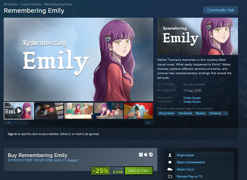 Remembering Emily is now available on Steam! As a launch offer, we've set up a 25% discount for those who want to support this intriguing and mysterious visual novel from day one. We hope you like it!