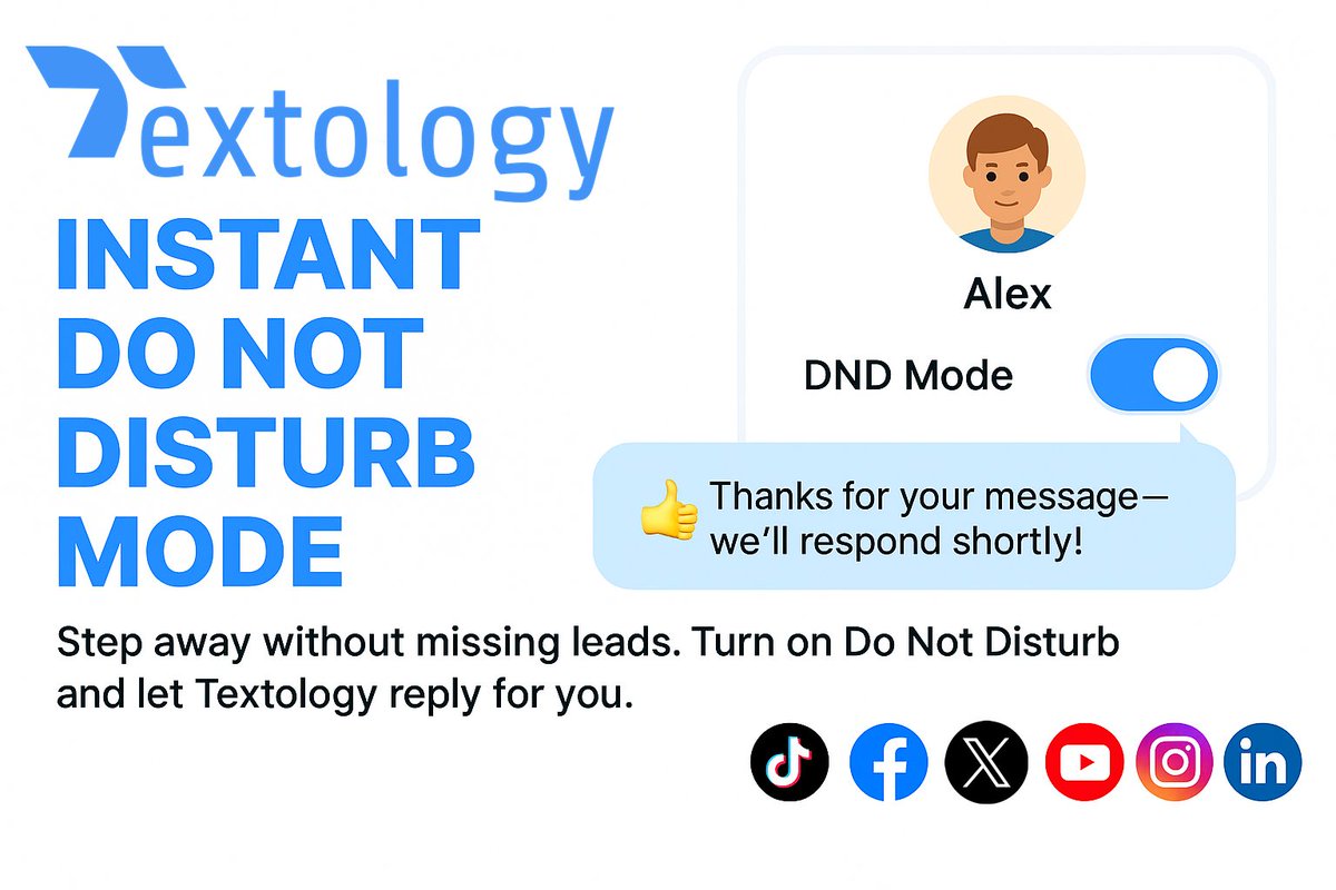 textologyhub's tweet image. Need a break? 📴
With Textology’s Do Not Disturb Mode, you can auto-reply to customers, so you never miss a lead—even when you’re away.
#Textology #DoNotDisturb #BusinessMessaging #AutomationTools