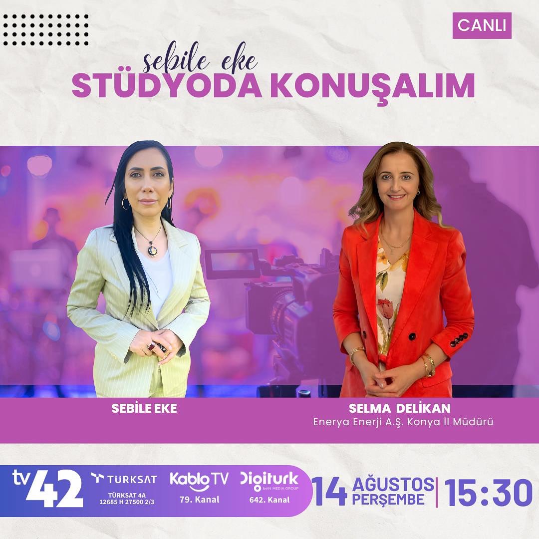 Enerya Enerji A.Ş Konya İl Müdürü Selma Delikan, Sebile Eke’nin hazırlayıp sunduğu Stüdyoda Konuşalım Programının konuğu oluyor

14 Ağustos Perşembe | Saat 15:30