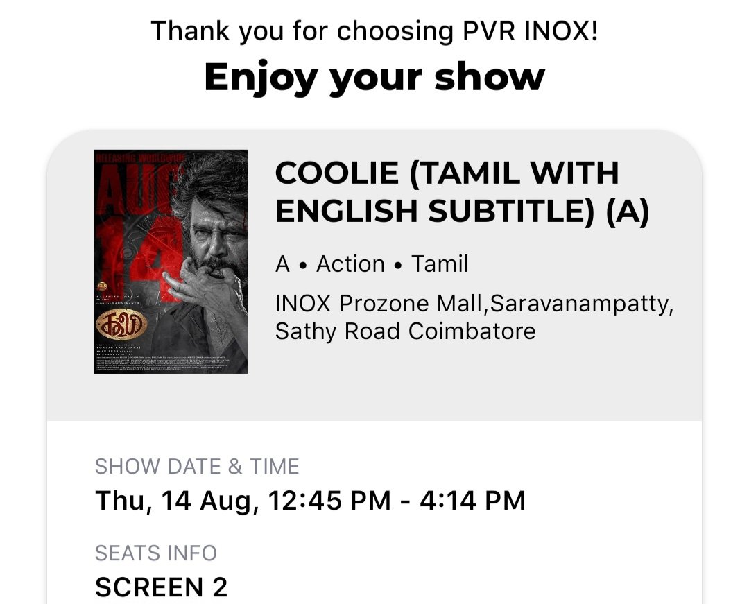 shanki1995's tweet photo. #Coolie #Pvr #inox #prozone Coimbatore 3 tickets available for first day Aug 14th  12.45 pm show. 
DM me if needed. 

Online price per ticket.
#Fdss 
#Coimbatore
#SuperstarRajinikant
#tickets https://t.co/1NYxZ1uYUw