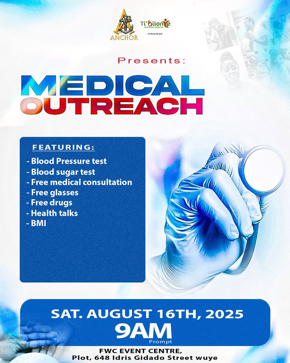 Healing is the believers' bread! 

If you or someone you know needs healthcare support, don’t miss the *Free Medical Outreach* organized by *Anchor Men's Fellowship and Ti’Bilon Health Care Foundation* 

Date: This Saturday,  16th August 2025
Time: 9am
Venue: FWC, Wuye