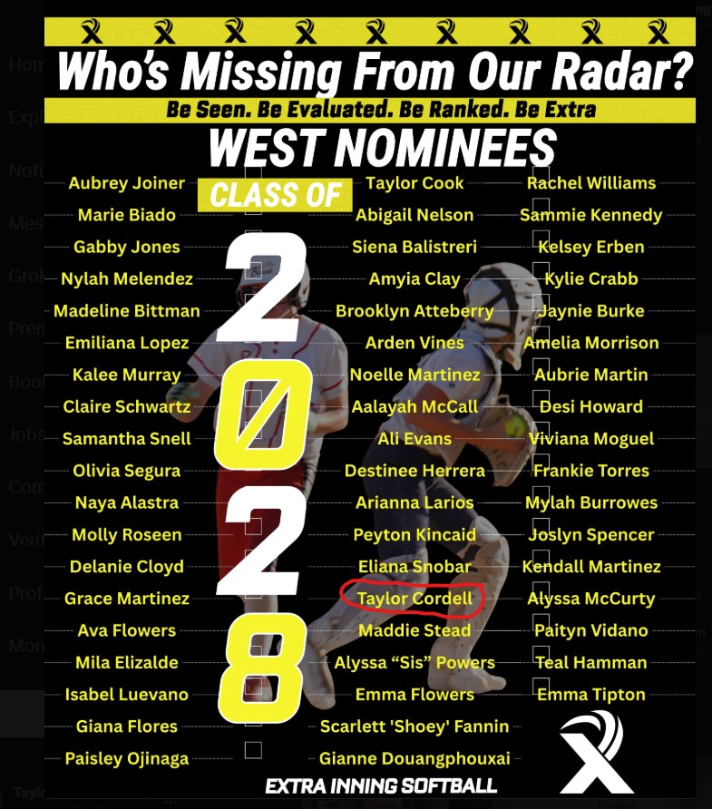 Honored to be nominated for the class of 2028 Extra Innings West region ranking, along with some of my former teammates and some of my new teammates! Good luck to all of you this season! <a href="/LM_Munoz_Asia/">Lady Magic Munoz- Asia</a> 
.
.
.
<a href="/JustinShults33/">Justin Shults</a> <a href="/VictoriaHayward/">Victoria Hayward, OLY</a>  <a href="/coachjell/">Angelica Belligan</a> <a href="/CoachAaronMoore/">Aaron M. Moore</a>