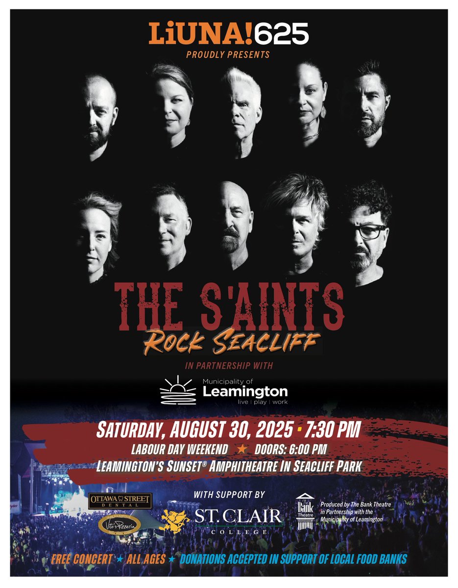 SATURDAY AUGUST 30 - Seacliff Park Amphitheatre in LEAMINGTON! 
FREE SHOW - please bring a donation for LOCAL food banks!