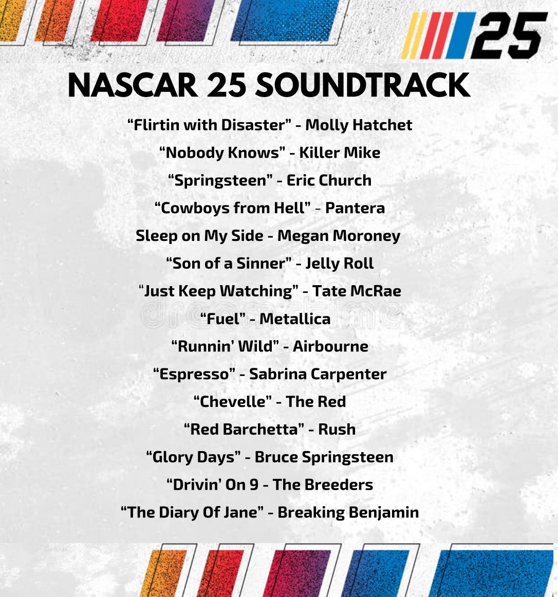 The Daily Downfords (@dailydownfords) on Twitter photo The official <a href="/Nascar25Game/">NASCAR 25 Game</a> soundtrack will feature 30 songs from a variety of artists. 🔥🔥
NASCAR 25 releases on October 14th on PlayStation, Xbox, and PC! The official <a href="/Nascar25Game/">NASCAR 25 Game</a> soundtrack will feature 30 songs from a variety of artists. 🔥🔥
NASCAR 25 releases on October 14th on PlayStation, Xbox, and PC!