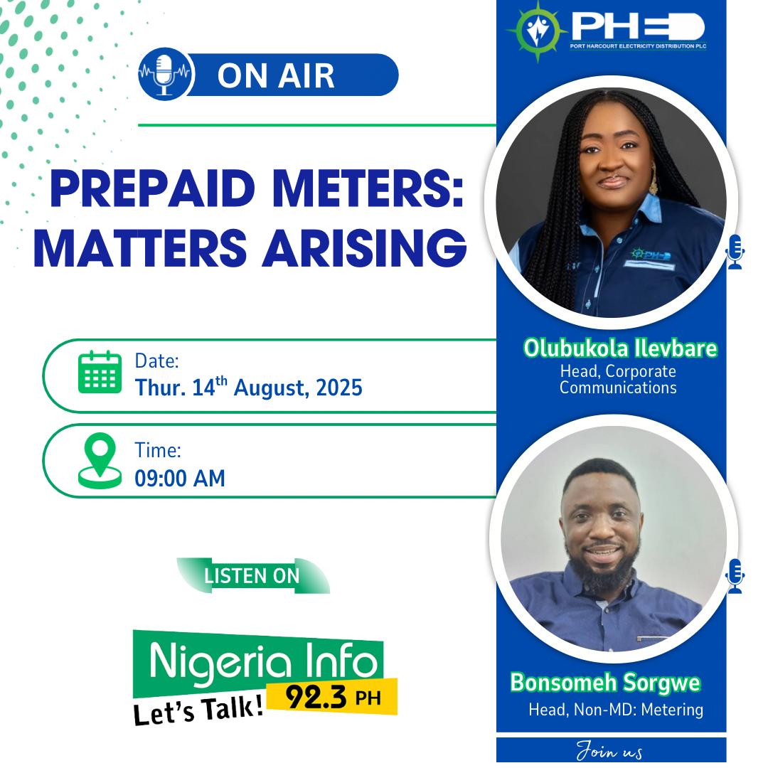 PHEDconnect's tweet photo. 🔊 TUNE IN TOMORROW!
Join us LIVE on air as we dive into:
💬 PREPAID METERS: Matters Arising
📅 Date: Thursday, 14th August 2025
⏰ Time: 9:00 AM
📻 Station: @nigeriainfofm_ph Port Harcourt
📞 Call in, ask your questions, and share your thoughts!
#MeterMatters #PHEDCares https://t.co/xWFfiL4Wd5