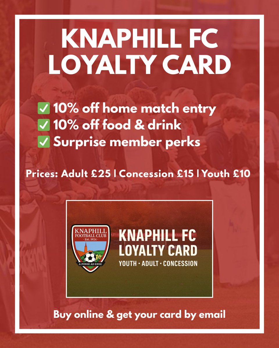 🚨 NEW FOR 25/26 🚨

Knaphill FC Loyalty Card is here! 🎉
💥 10% off home match entry
💥 10% off food &amp; drink
💥 Surprise member perks all season

Adult £25 | Concession £15 | Youth £10

📱 Buy online &amp; get your card by email ⬇️
 knaphillfootballclub.sumupstore.com