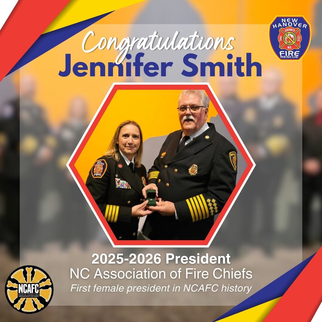 NHCFR's tweet photo. Last weekend, our very own Deputy Chief Jennifer Smith became the first female president of the @ncafcchiefs in its 93-year existence. Congratulations, Deputy Chief Smith! We are excited to watch you share your knowledge and experience as you serve in this new role. https://t.co/eVq5jcT1w8
