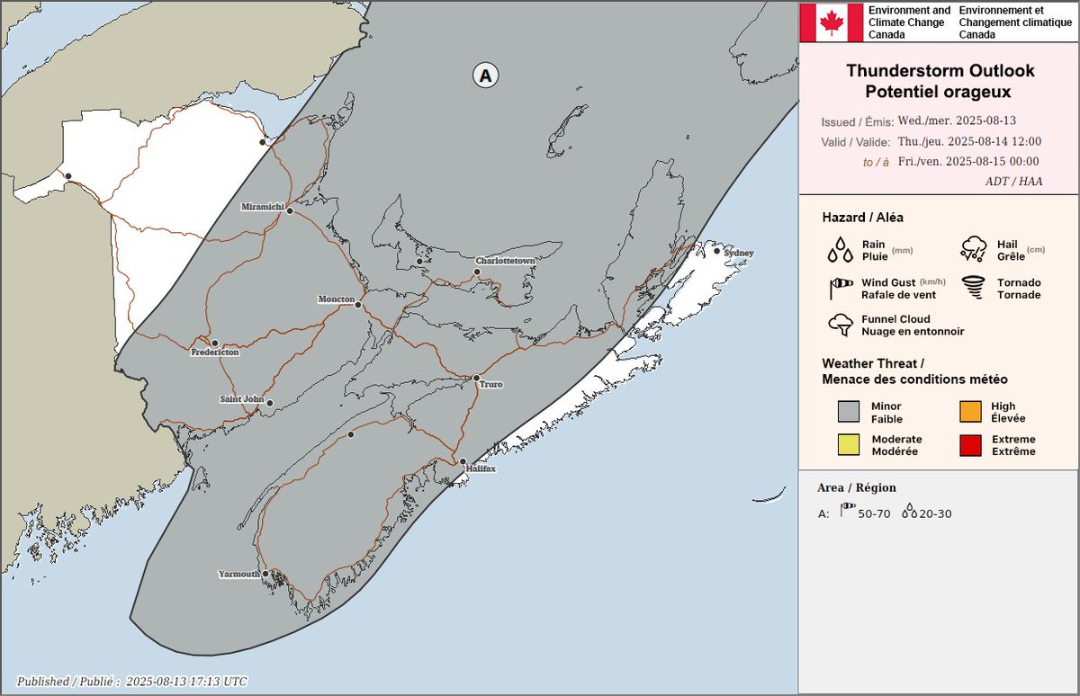 ECCCWeatherPE's tweet image. ⛈️ Here are the thunderstorm outlooks for the Maritimes for today, tonight and tomorrow
#pestorm