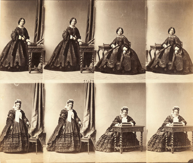 RealPreCinema's tweet photo. A #MultiplyingCamera, like the 4-lens #BonTon pictured, was made c. 1854 by #Disderi. He devised a way to make #CartedeViste multiple images on a single photographic plate. Carte de Visite photographs are small prints on cards and were used like #businesscards are today. Several examples shown.