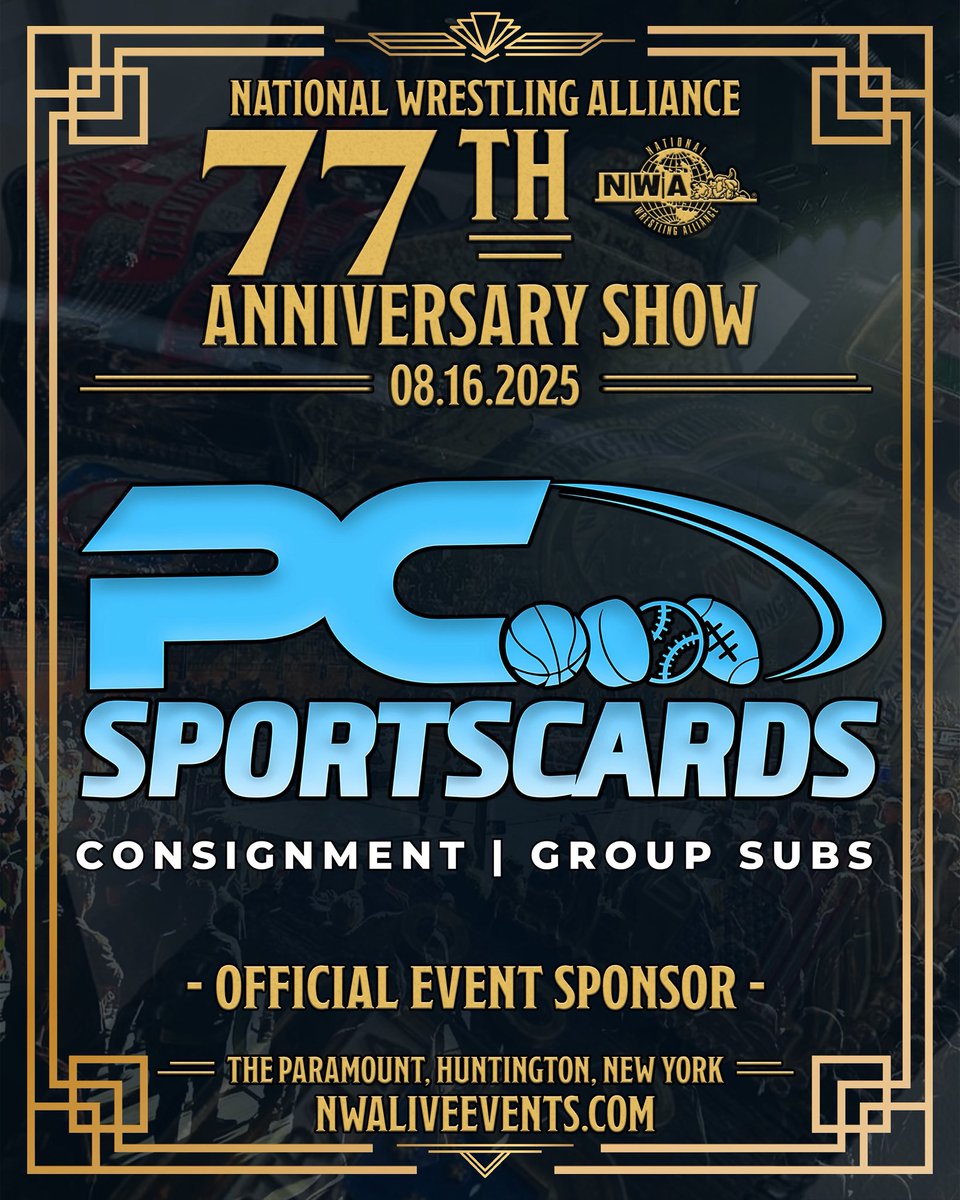 NWA 77 is this Saturday 8/16 at the The Paramount in NY and @PC_Sportscards will be there as an official event sponsor. Before the action begins get to the Paramount in Huntington NY early when doors open at 6 pm ET &amp; stop by the PC Sportscards table to see what your collection