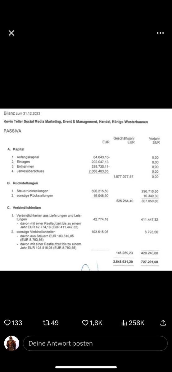 kajoken3's tweet photo. @mausineinrwolke @BigRavenJohnson @Papaplatte @pamabu Ein Mensch der 2023 ein Jahresüberschuss bei seinem Unternehmen von über 2 Millionen hatte. https://t.co/Wu38ox8b6s