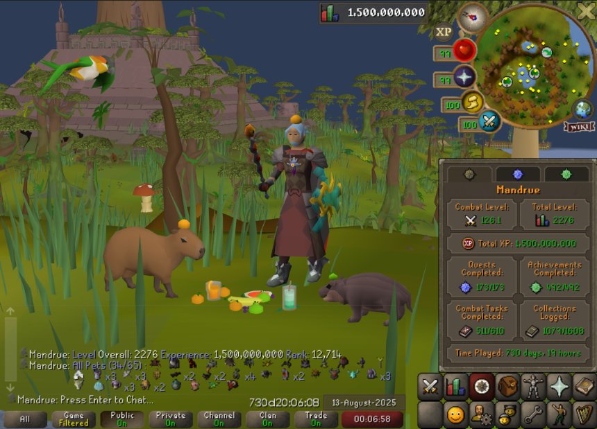 1,500,000,000 exp and over 2 years played on this account (over 20,000 hrs including Leagues) 🥳

 Time for a bank vid perhaps?
